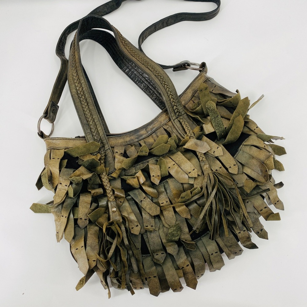 Cleobella Fringe Leather Tote Bag Womens OS Olive Green Boho Shag Tassel Satchel